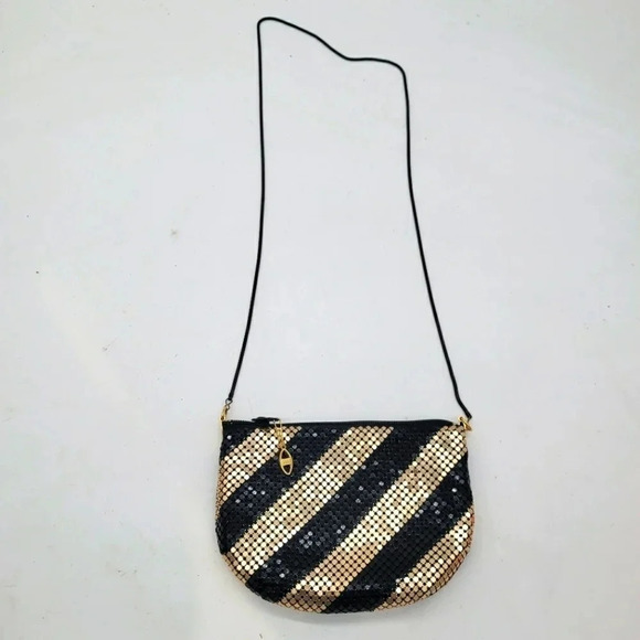 Vintage Beadlite Metal Mesh Chain Shoulder Bag Purse Black Gold Modern Small - Picture 1 of 10